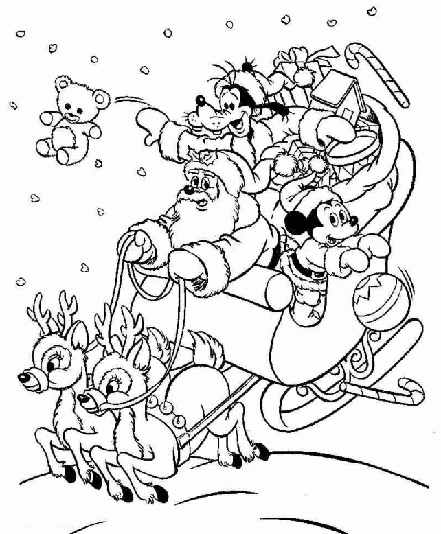 Myszka Miki i Goofy w saniach Mikołaja kolorowanka do druku